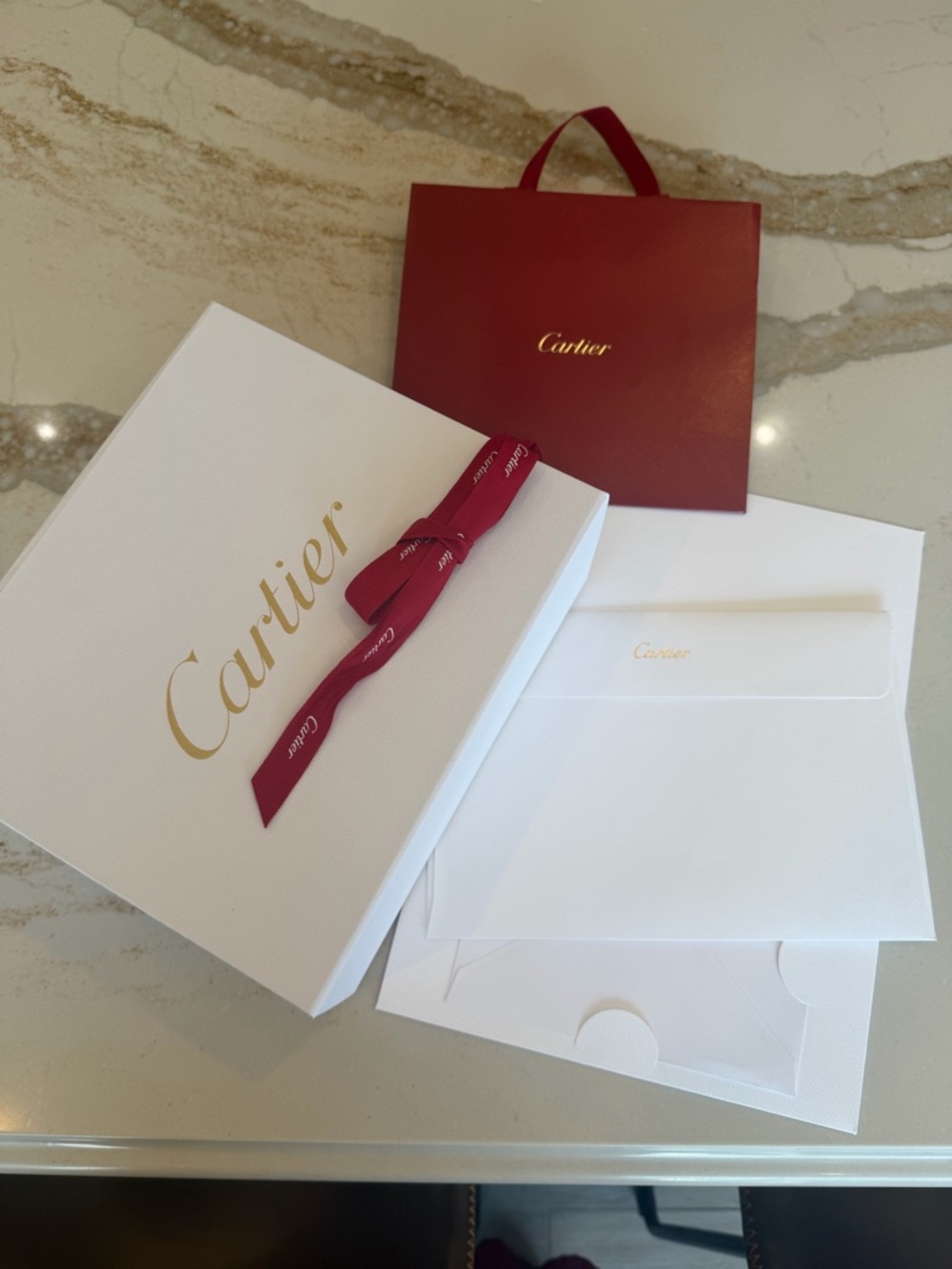 Cartier White Box with Red Ribbon and Red Shopping Bag